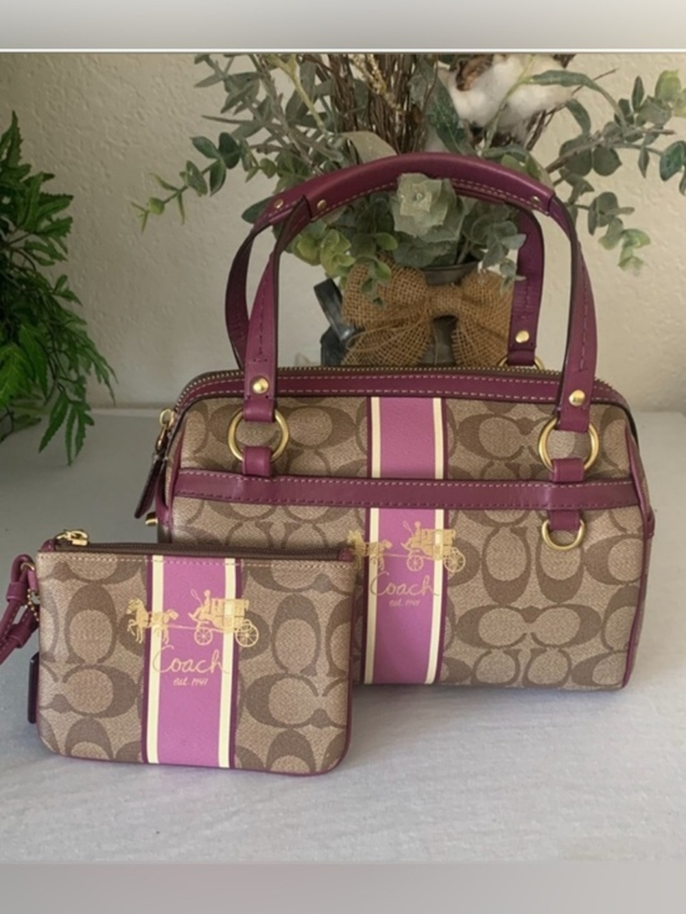 Coach RARE Mini Heritage  Satchel Signature Leather Bag and Wristlet
